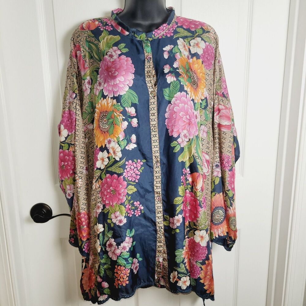 Johnny Was Navy Hot Pink Floral SILK Kimono Blouse - Picture 3 of 13